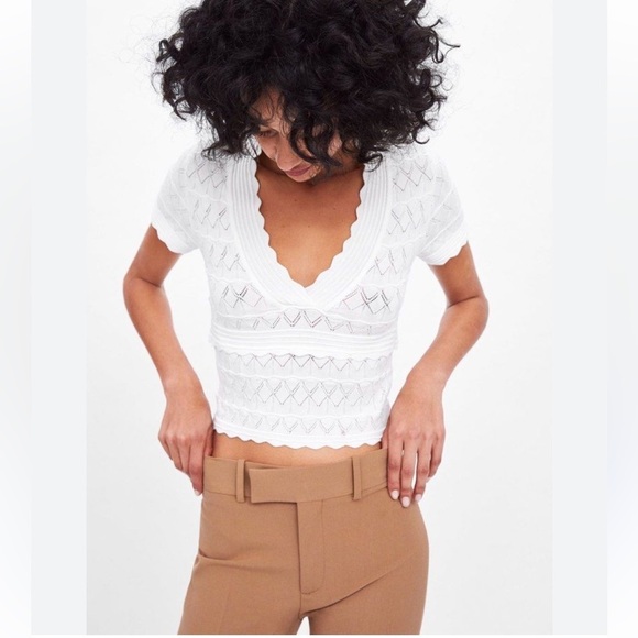 Zara | NWT White Scallop V Neck Short Sleeve Pointelle Knit Crop Top L - Picture 1 of 7